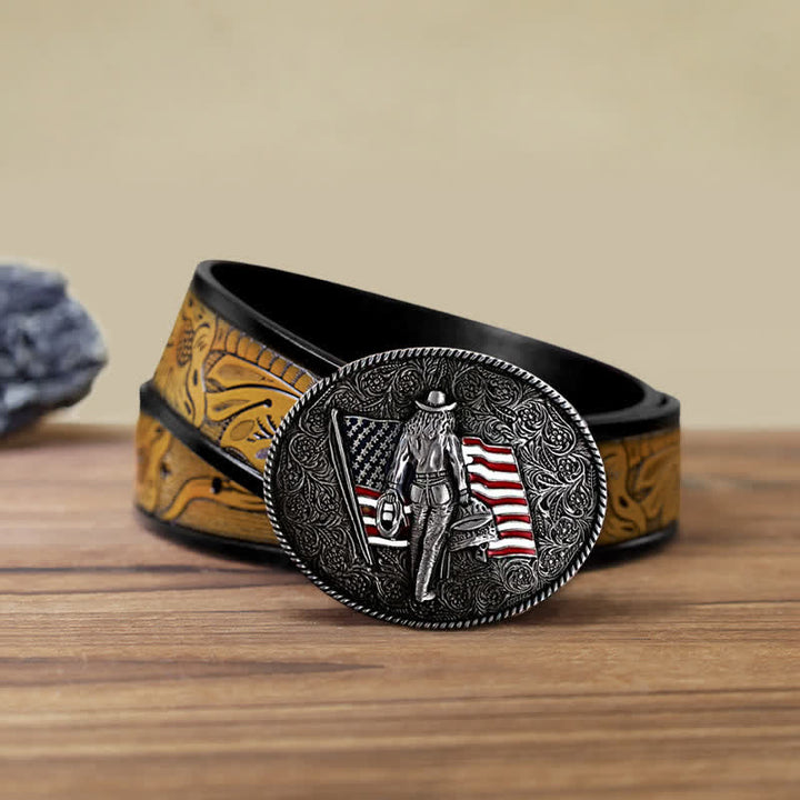 Ceinture en cuir à boucle drapeau américain pour homme avec motif cowboy