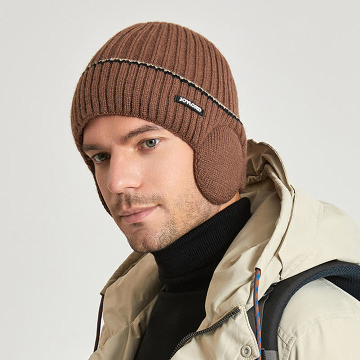 Bonnet unisexe en tricot épais et élastique avec cache-oreilles de couleur unie