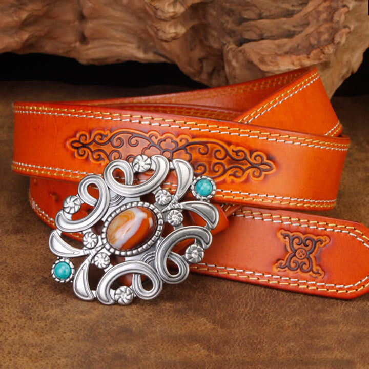 Ceinture unisexe en cuir avec pierre d'agate et fleur creuse turquoise