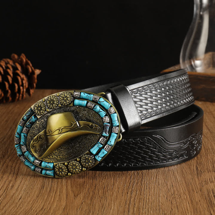 Ceinture en cuir avec chapeau de cowboy doré pour homme et décor turquoise