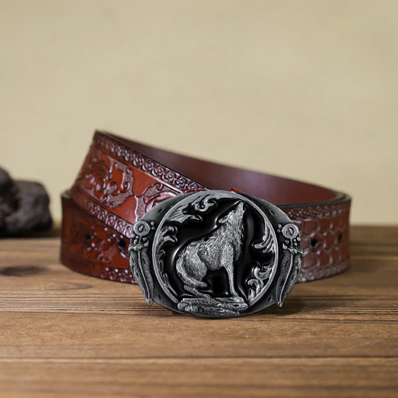 Ceinture en cuir à boucle en émail pour homme avec loup hurlant dominateur