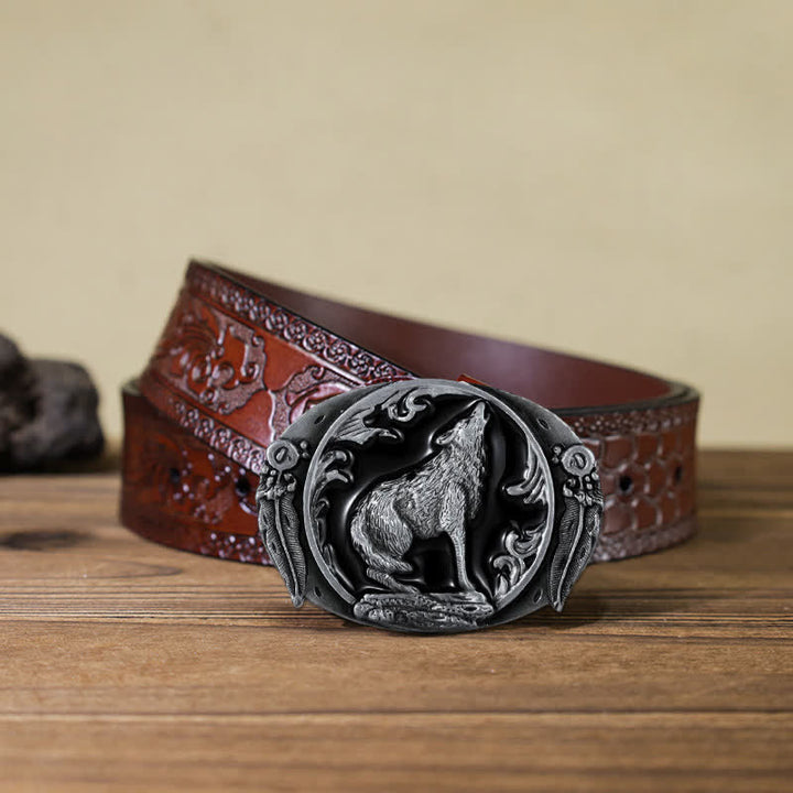 Ceinture en cuir à boucle en émail pour homme avec loup hurlant dominateur