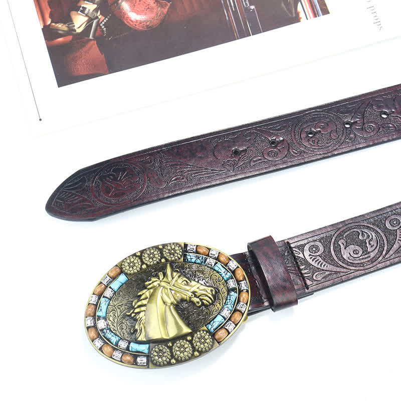 Ceinture en cuir turquoise pour homme avec tête de cheval de cow-boy