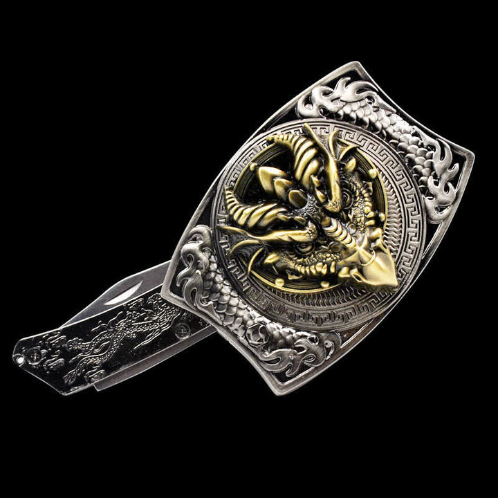 Ceinture en cuir pour homme avec couteau pliant caché et dragon à bec pointu