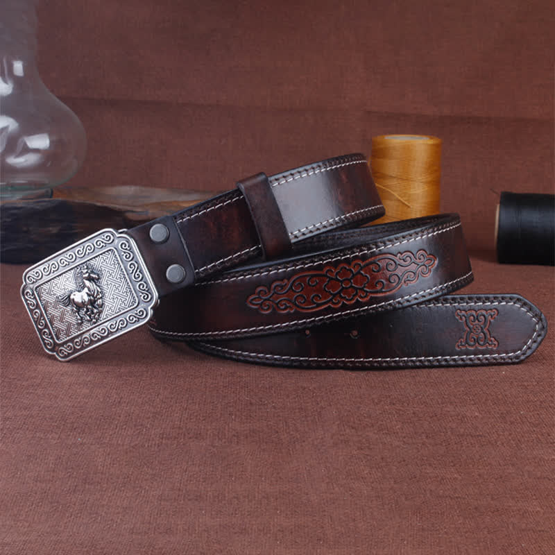 Ceinture en cuir de cheval argenté ethnique pour homme avec motif cowboy