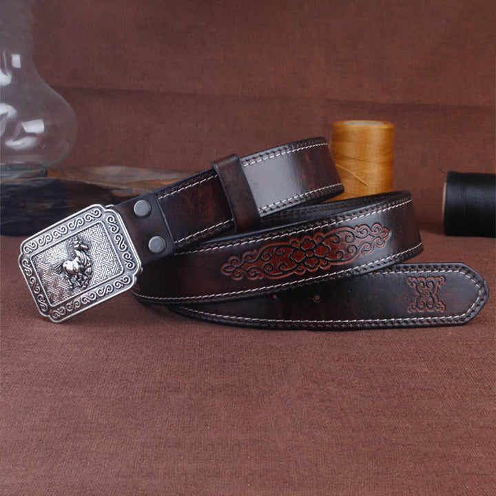 Ceinture en cuir de cheval argenté ethnique pour homme avec motif cowboy