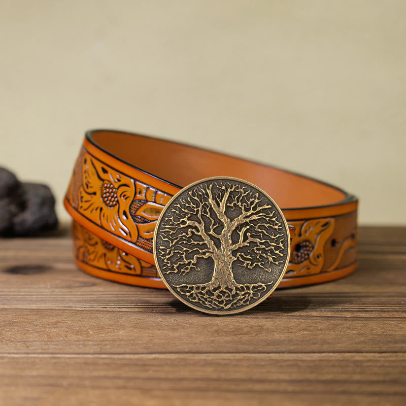 Ceinture en cuir à boucle ronde pour homme avec motif arbre de vie