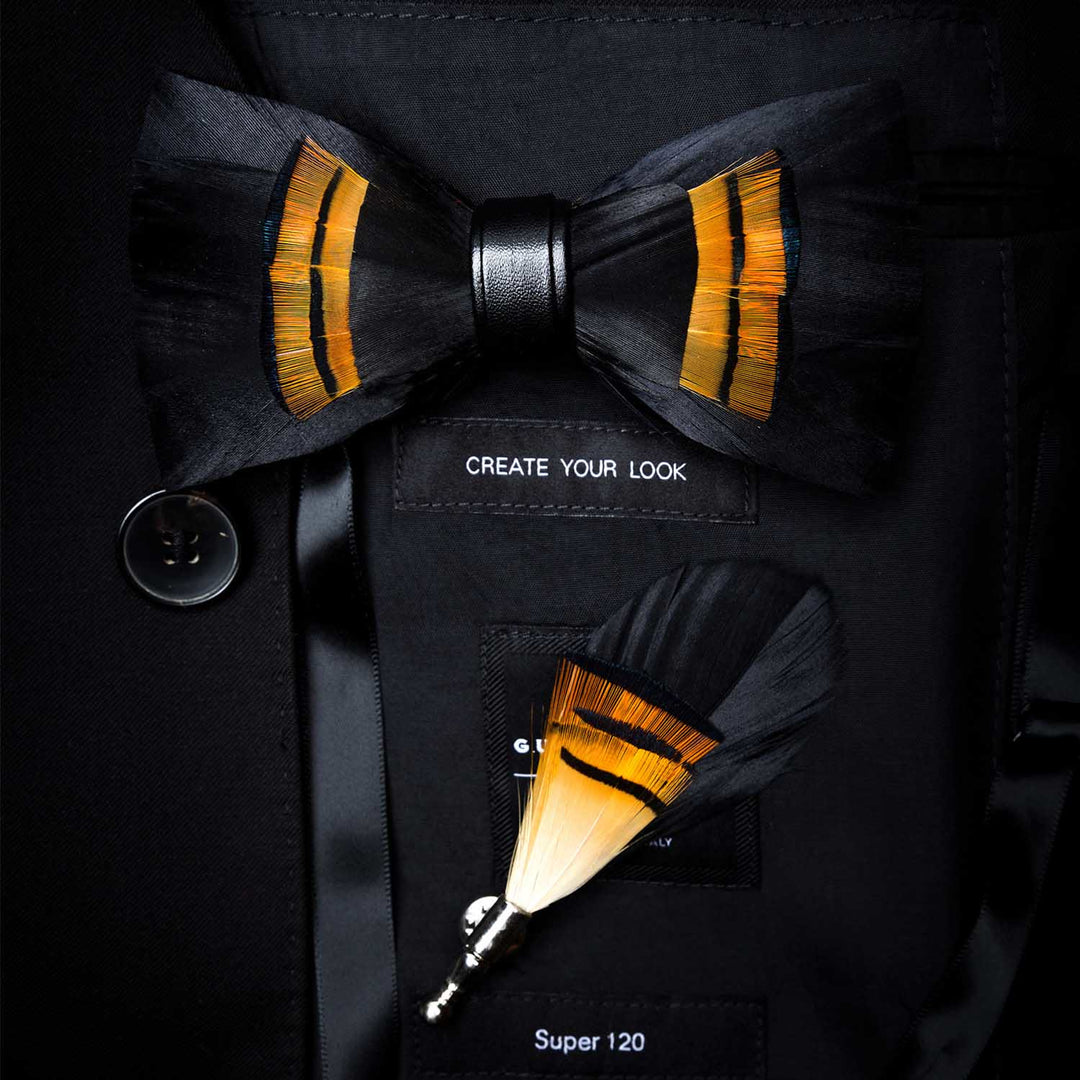 Nœud papillon en plumes de minuit noir et orange pour enfant avec épingle à revers