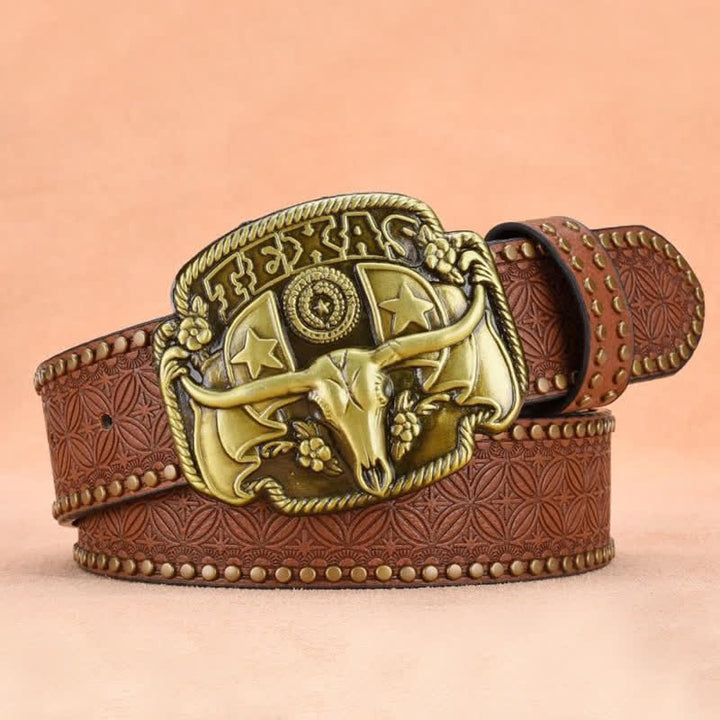 Ceinture en cuir à rivets style bœuf Longhorn antique pour homme