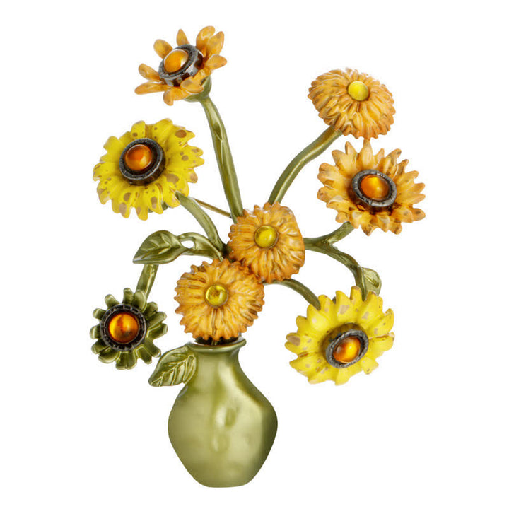 Broche en émail pour femme représentant un vase de tournesol