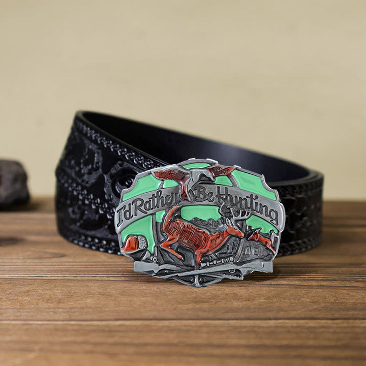 Ceinture en cuir à boucle pour homme avec motif de cerf de chasse dans la nature