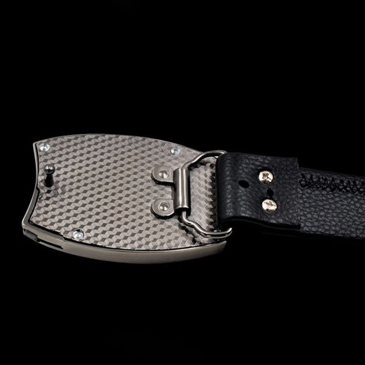 Ceinture en cuir pour homme avec tête de loup dorée et couteau pliant