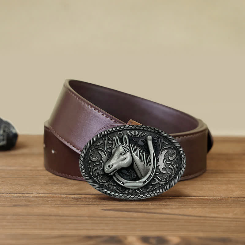 Ceinture en cuir à boucle en fer à cheval argentée antique pour homme