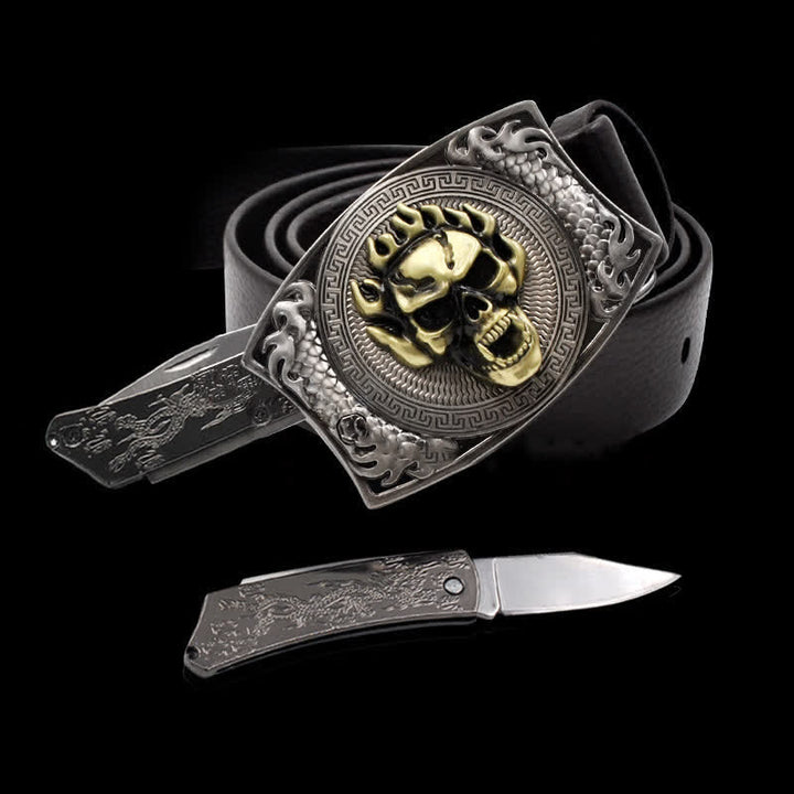 Ceinture en cuir pour homme avec motif tête de mort et couteau pliant