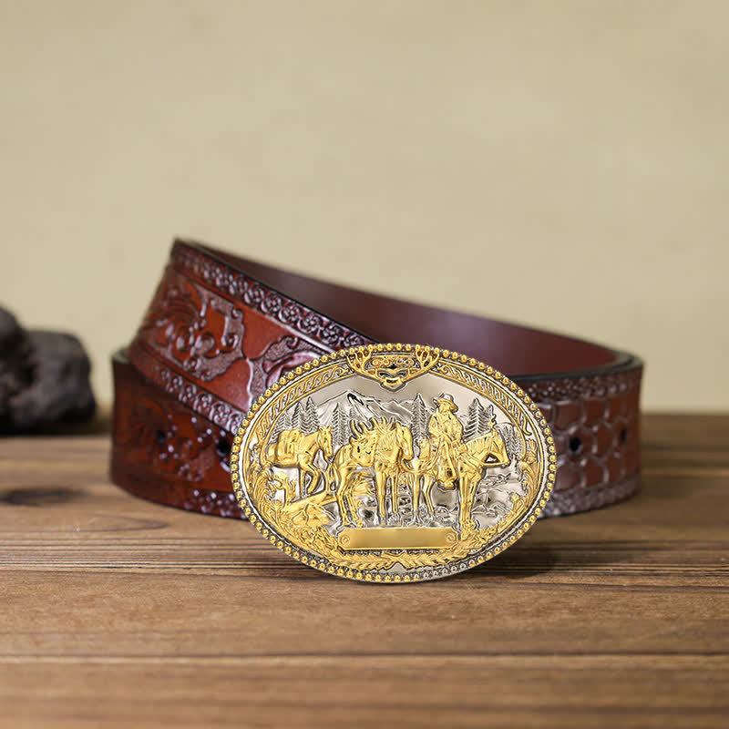 Ceinture en cuir à boucle pour homme avec motif de cheval de cow-boy