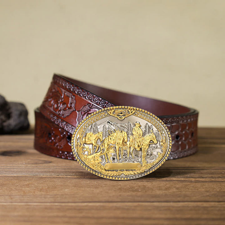 Ceinture en cuir à boucle pour homme avec motif de cheval de cow-boy