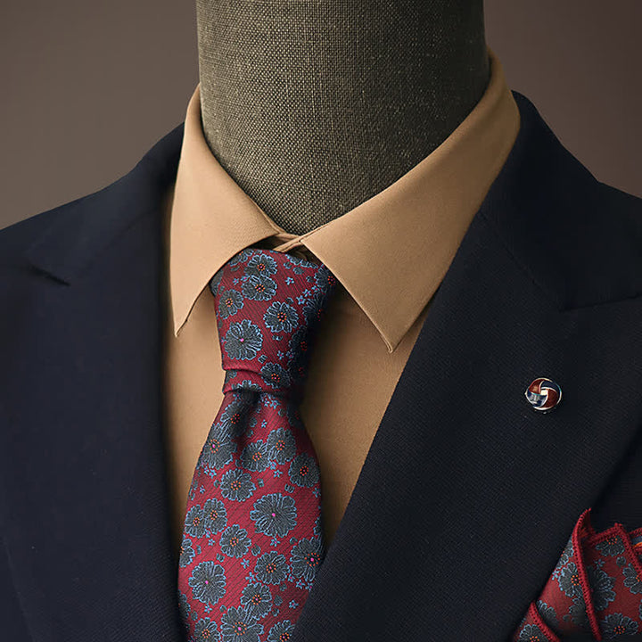 Cravate homme bordeaux et fleurs bleues 