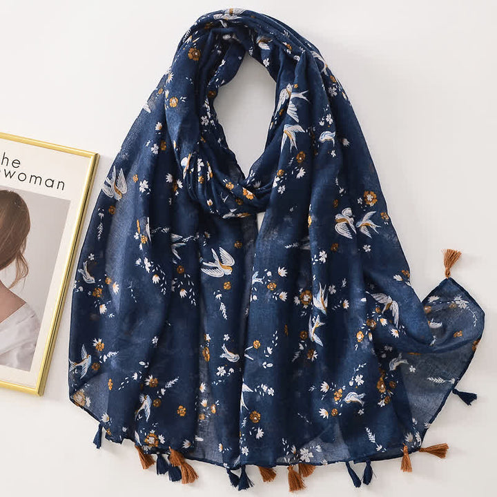 Écharpe fine à pompon et motif papillons floraux pour femme