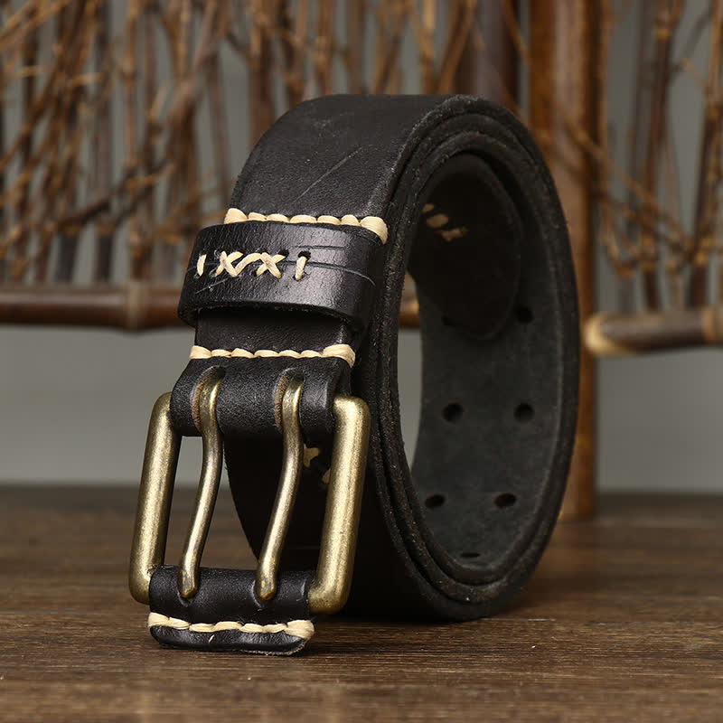 Ceinture en cuir à double boucle pour homme, effet vieilli