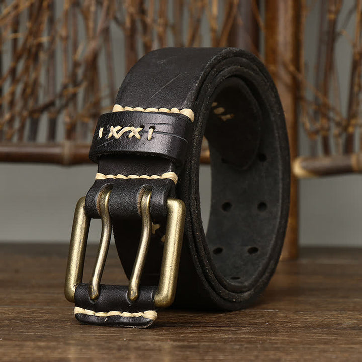 Ceinture en cuir à double boucle pour homme, effet vieilli