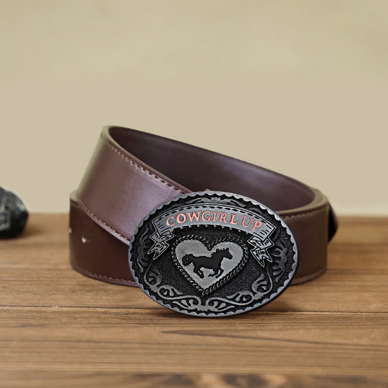 Ceinture en cuir à boucle relevée argentée pour femme avec motif cowgirl