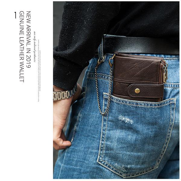 Portefeuille rétro antivol en cuir véritable avec chaîne