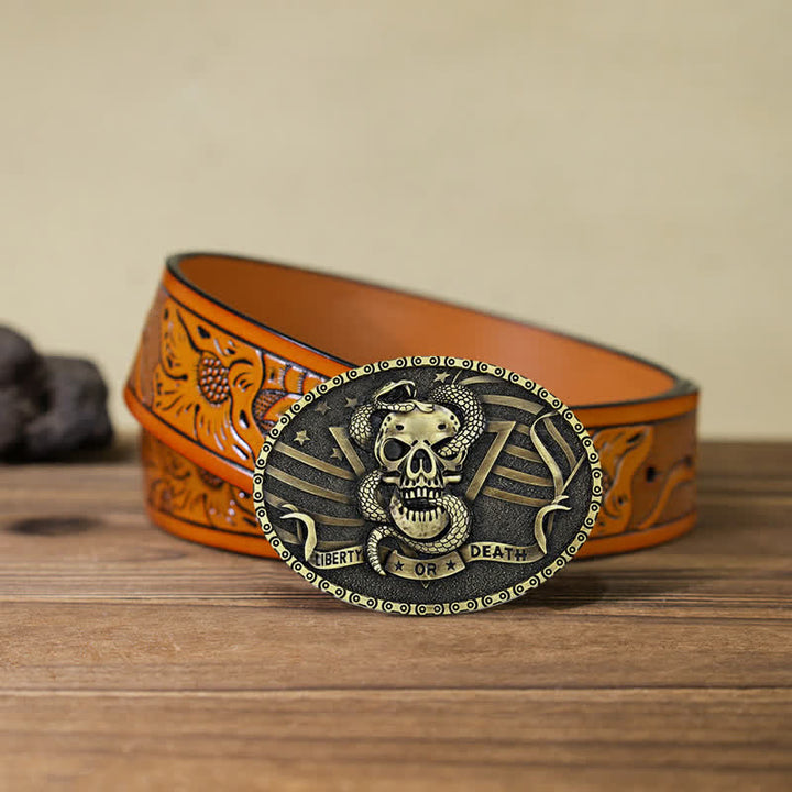 Ceinture en cuir à boucle tête de mort et serpent « Liberty or Death » pour homme