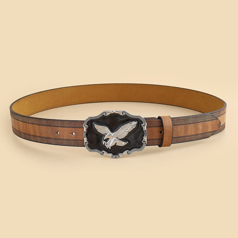 Ceinture en cuir à boucle noire avec motif aigle en relief argenté pour homme