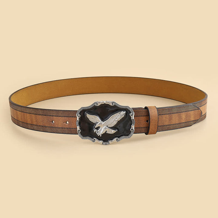 Ceinture en cuir à boucle noire avec motif aigle en relief argenté pour homme