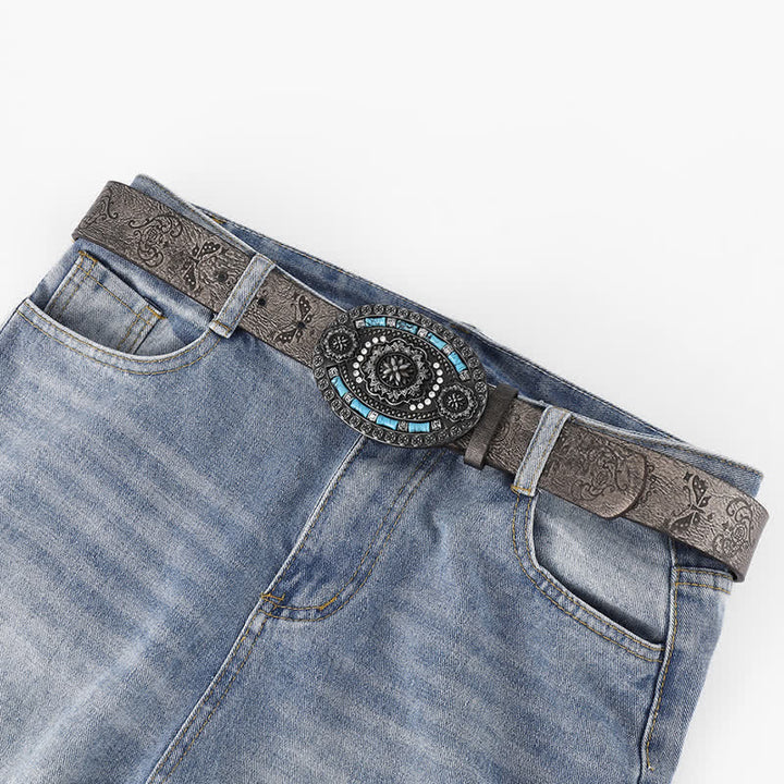 Ceinture en cuir à motif floral turquoise bohème pour homme