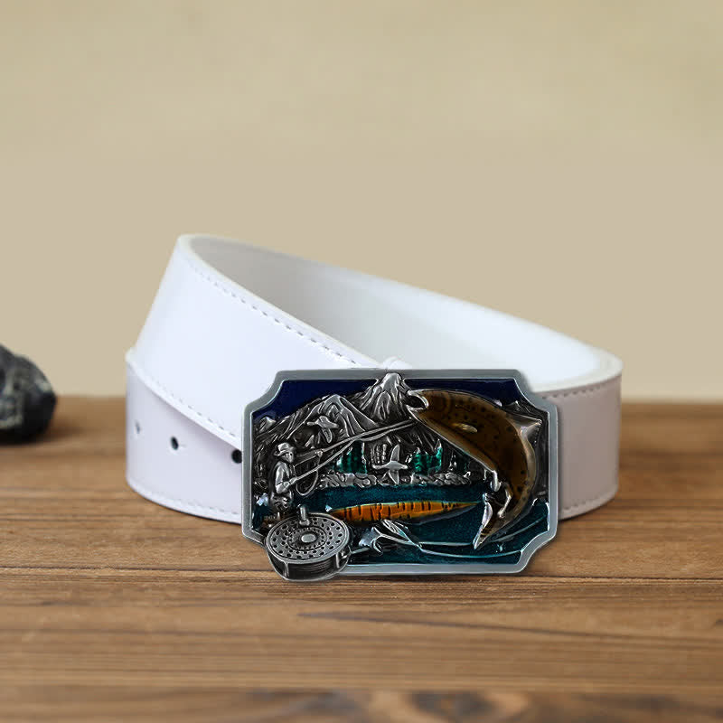 Ceinture en cuir à boucle rectangulaire en émail pour homme avec motif de pêche