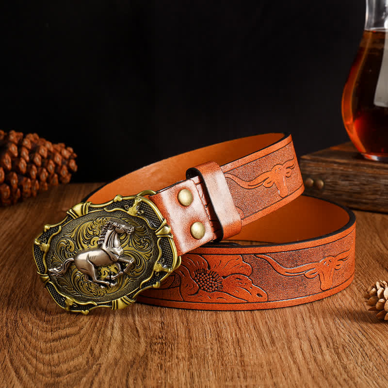 Ceinture en cuir à boucle géométrique pour homme avec cheval au galop