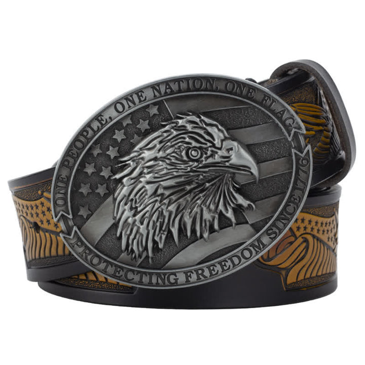 Ceinture en cuir à boucle pour homme avec tête d'aigle à tête blanche et drapeau américain