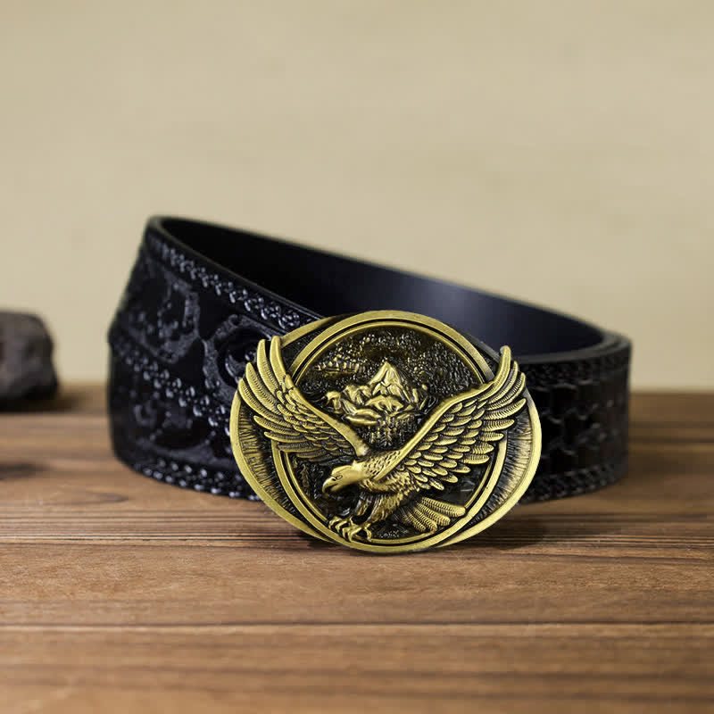 Ceinture en cuir à boucle pour homme avec motif d'aigle volant dominant