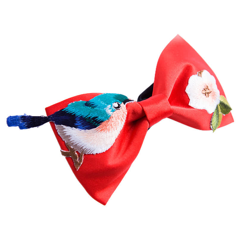 Nœud papillon brodé pour homme avec oiseau et fleur