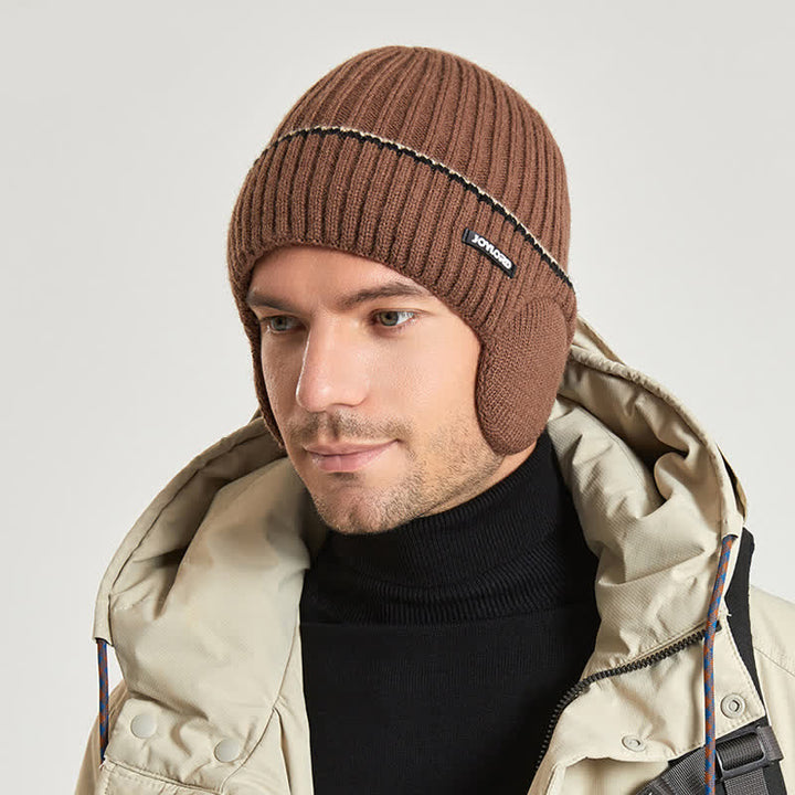 Bonnet unisexe en tricot épais et élastique avec cache-oreilles de couleur unie