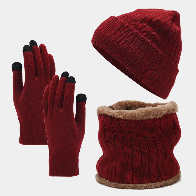 Ensemble de 3 pièces unisexe en tricot sergé épais, bonnet, écharpe, gants