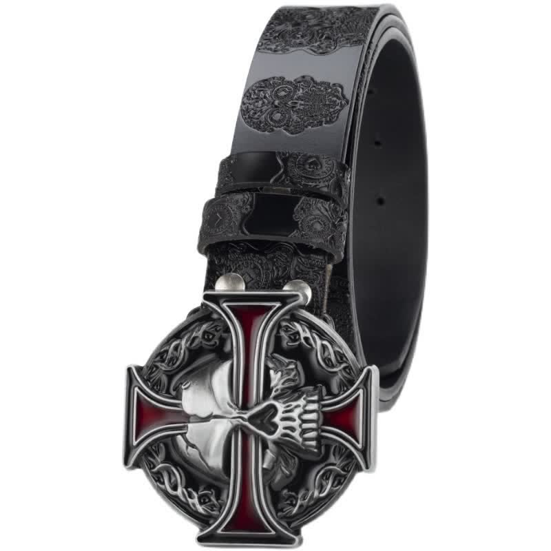 Ceinture en cuir à motif tête de mort en relief pour homme