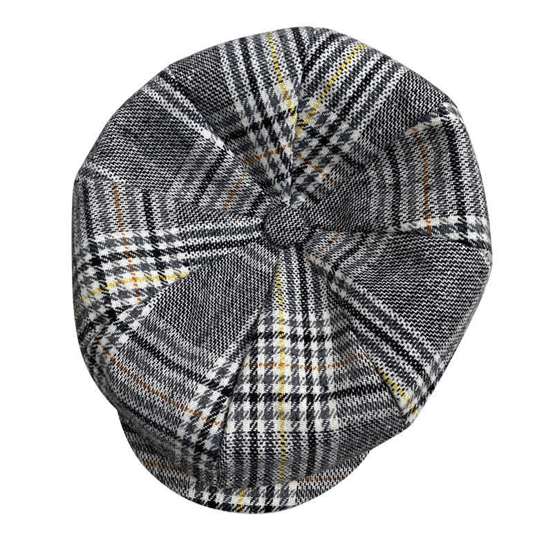 Casquette béret gavroche à carreaux gris et rayures jaunes