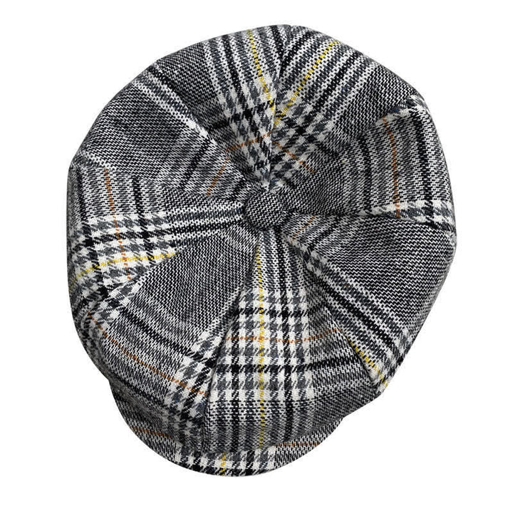 Casquette béret gavroche à carreaux gris et rayures jaunes