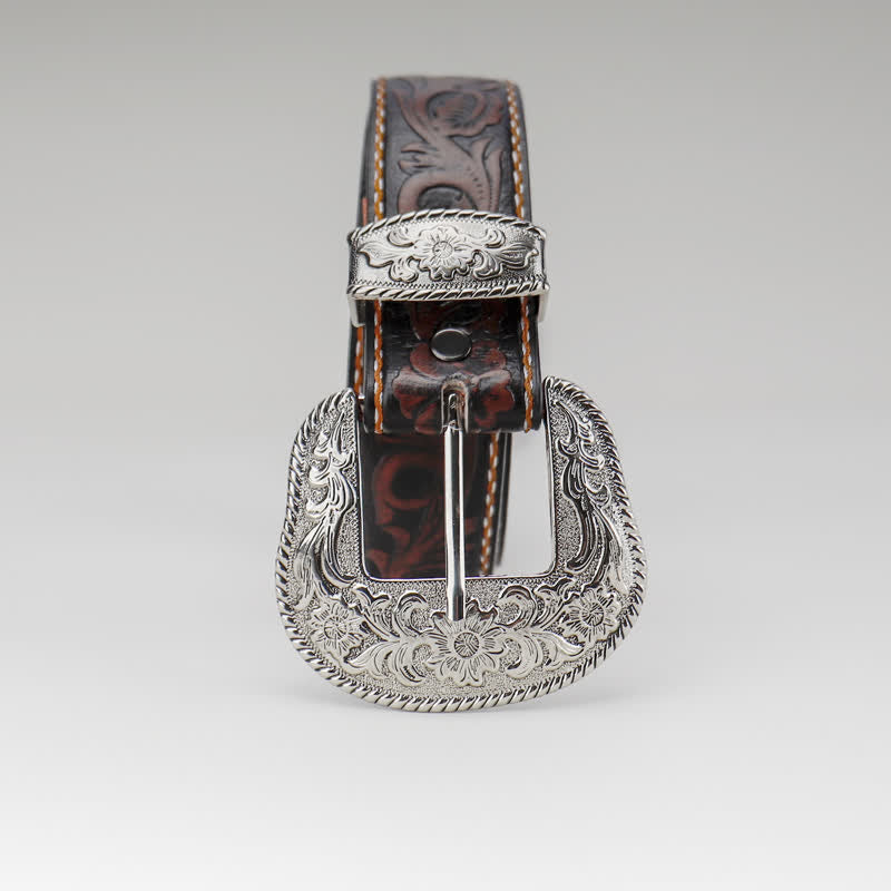 Ceinture en cuir gravé à fleurs vintage pour femme couleur café