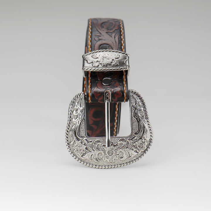 Ceinture en cuir gravé à fleurs vintage pour femme couleur café