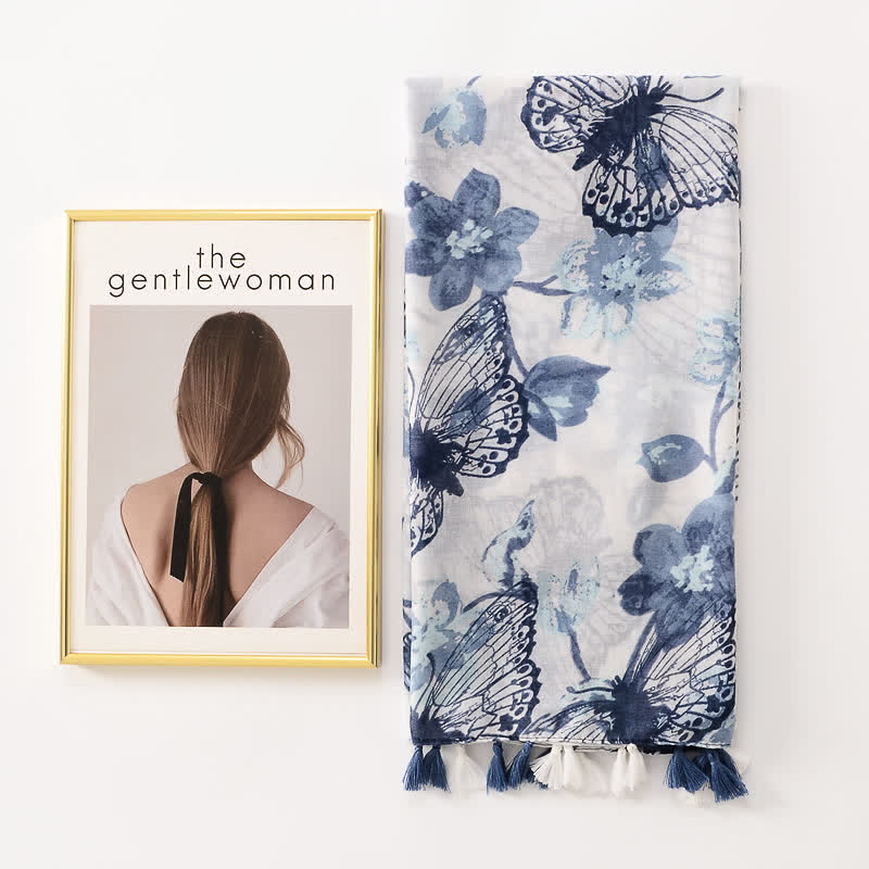 Écharpe fine à pompon et motif papillons floraux pour femme