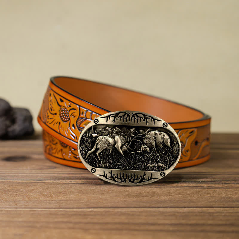 Ceinture en cuir western à boucle de cerf de combat sauvage pour homme