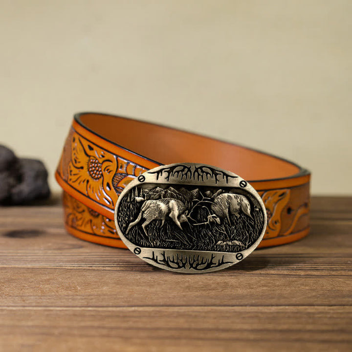 Ceinture en cuir western à boucle de cerf de combat sauvage pour homme
