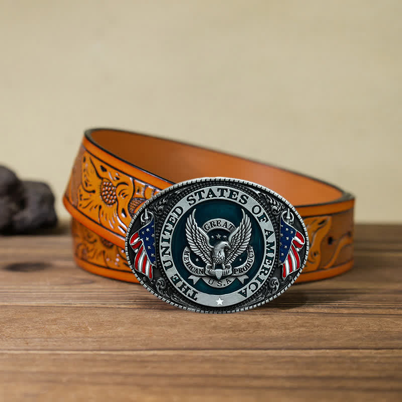 Ceinture en cuir à boucle patriotique pour homme avec drapeau aigle