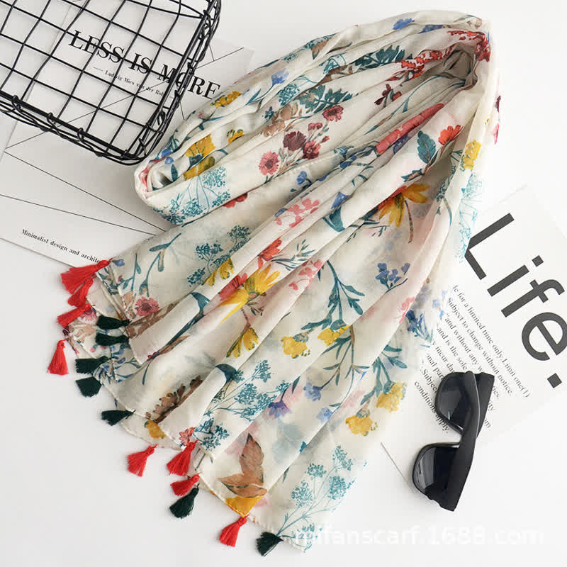 Écharpe fine à pompon et motif papillons floraux pour femme