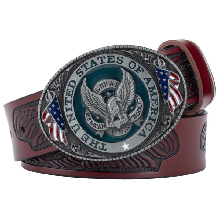 Ceinture en cuir à boucle patriotique pour homme avec ailes déployées et aigle