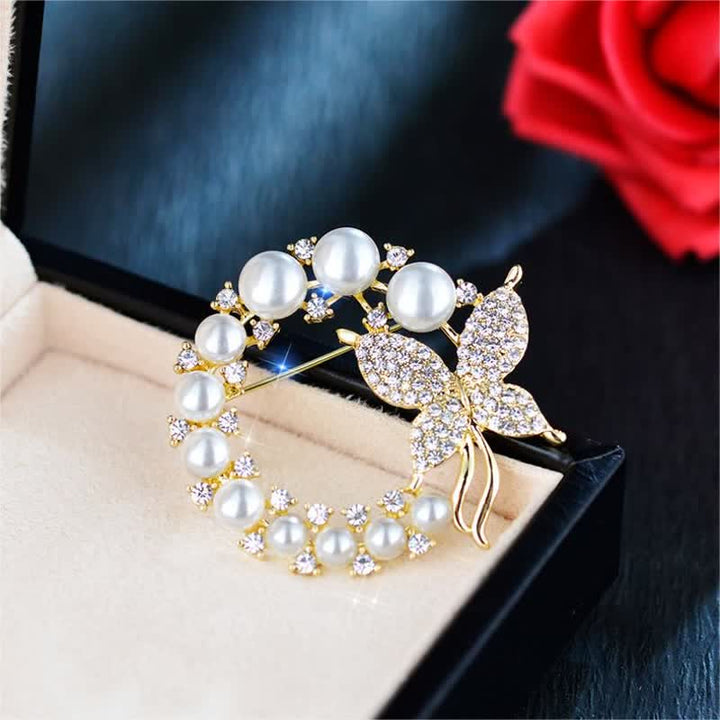Broche couronne de perles papillon doré pour femme