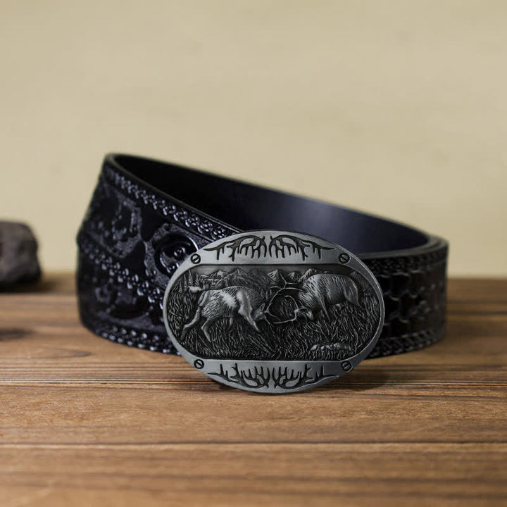 Ceinture en cuir western à boucle de cerf de combat sauvage pour homme